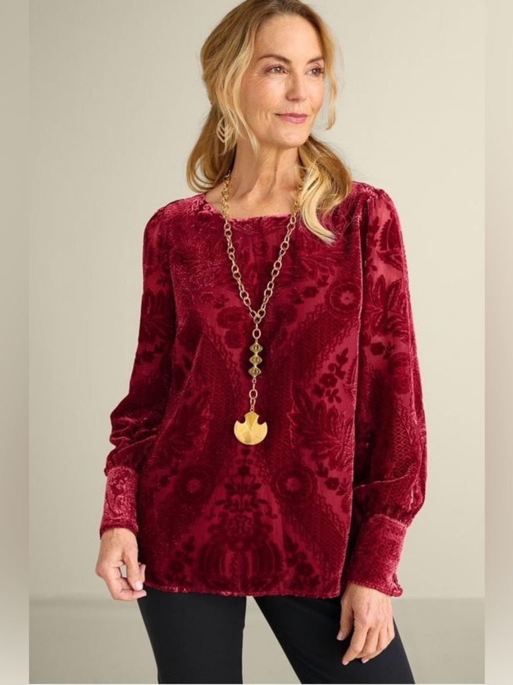 NEW Soft Surroundings Vanetta Velvet Blouse Silk Burgundy Long Sleeve *617